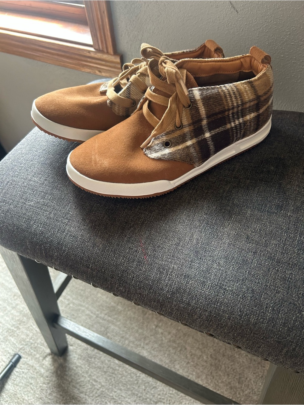 Coldwater Creek Plaid High-Top Sneakers in Brown and Tan